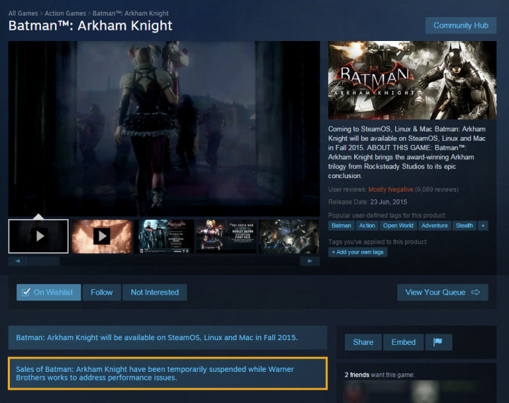 Batman: Arkham Asylum suspended on Steam