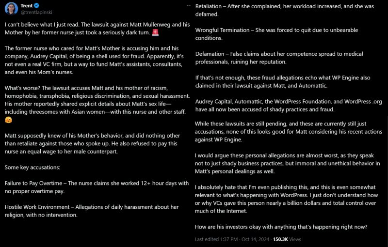 Trent Lapinski Tweet on Matt Mullenweg Lawsuit